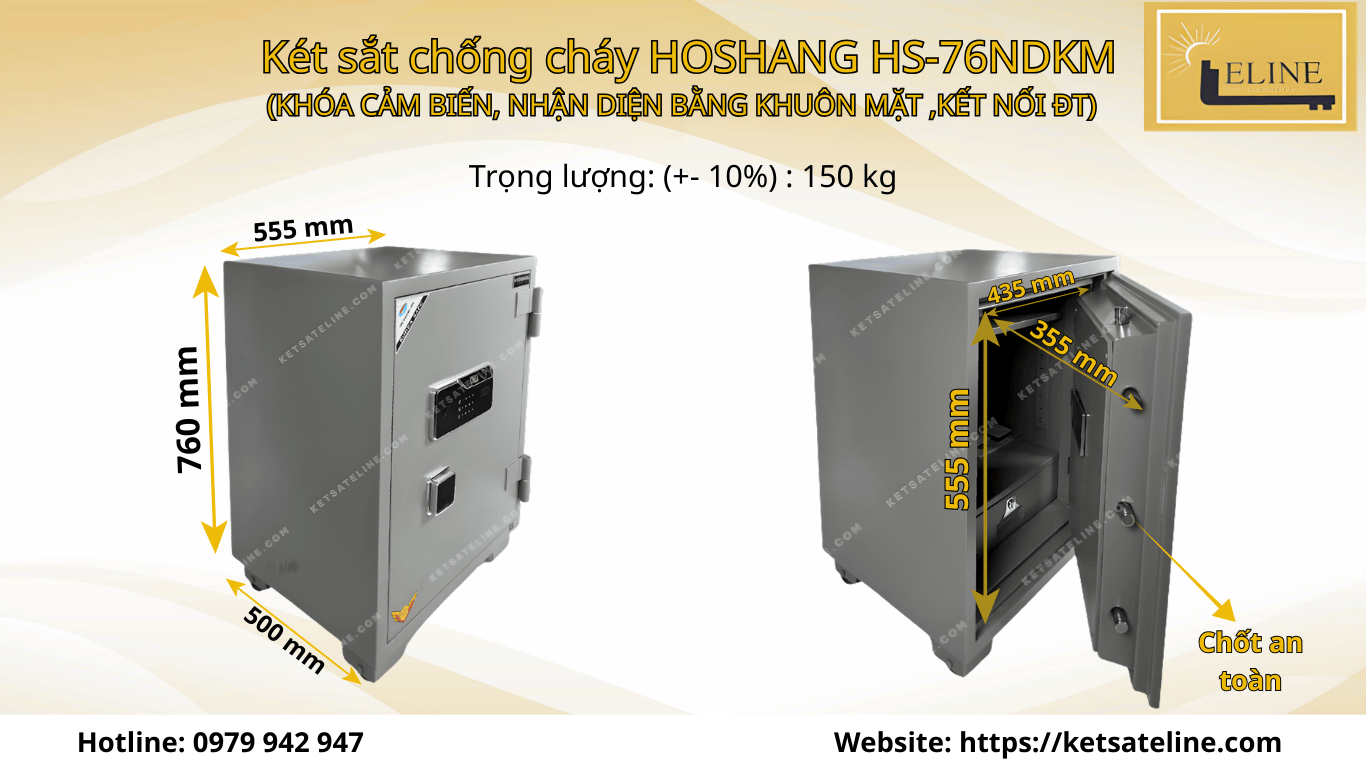 Két sắt chống cháy HOSHANG HS-76NDKM (KHÓA CẢM BIẾN, NHẬN DIỆN BẰNG KHUÔN MẶT ,KẾT NỐI ĐT)